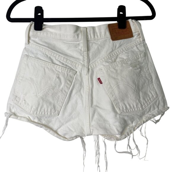 Levis Premium 501 Button Fly White Distressed Denim Cotton Shorts W24 - Picture 5 of 10